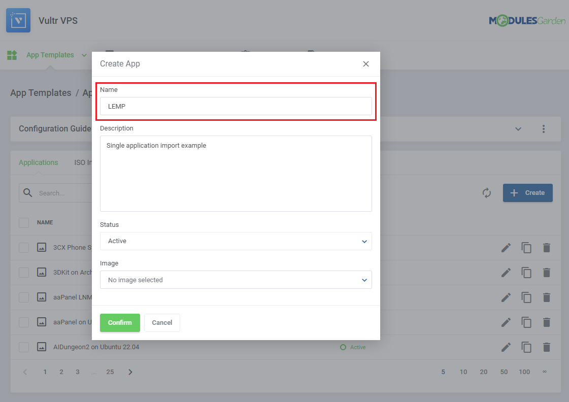 Vultr VPS For WHMCS: Create App dialog with the Name field highlighted, plus Description, Status and Image fields