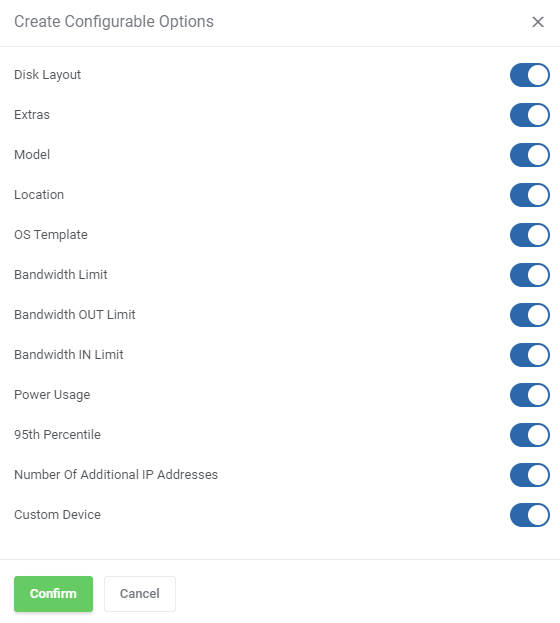EasyDCIM Dedicated Servers For WHMCS: Create Configurable Options dialog with option switches and Confirm button