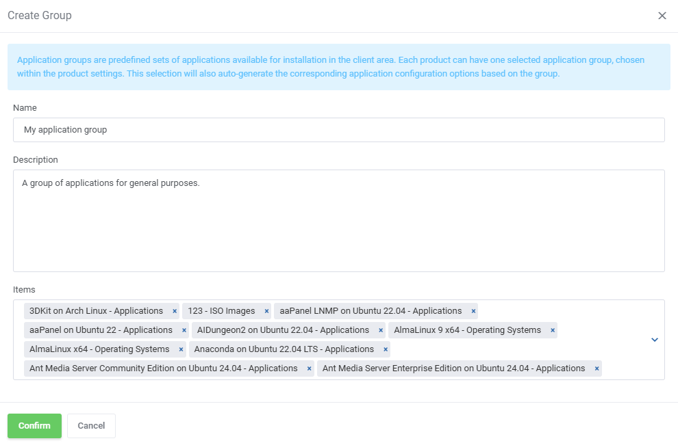 Vultr VPS For WHMCS: Create Group dialog with Name, Description and Items fields and the Confirm button