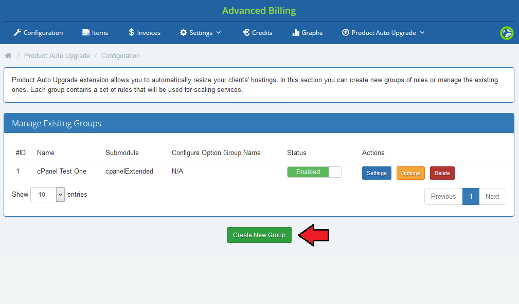 Advanced Billing 3.X For WHMCS: Product Auto Upgrade Configuration page with the Create New Group button marked by an