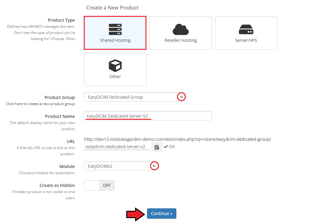 EasyDCIM Dedicated Servers For WHMCS: Create a New Product form with the EasyDCIMv2 module and Continue button