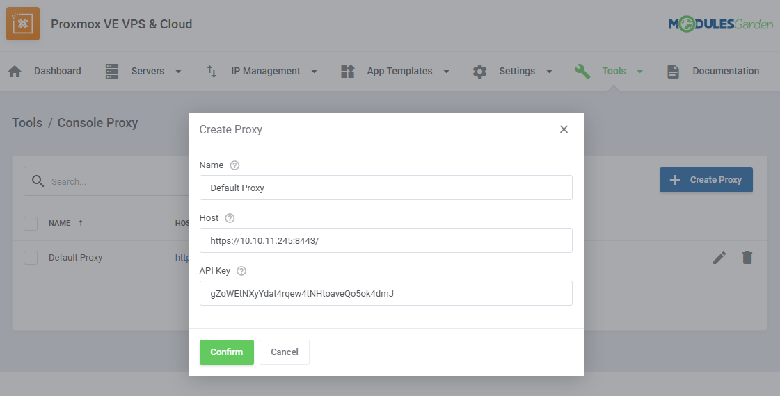 Proxmox VE VPS And Cloud For WHMCS: Create Proxy window in the Proxmox VE VPS & Cloud Console Proxy tool with name