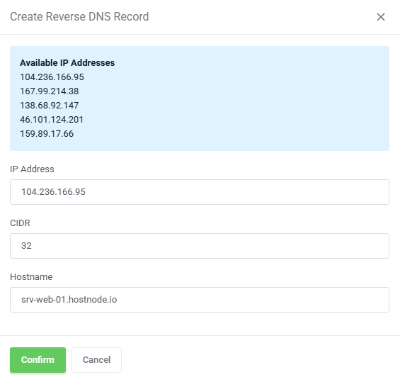 EasyDCIM Dedicated Servers For WHMCS: Create Reverse DNS Record dialog with IP address, CIDR and hostname fields