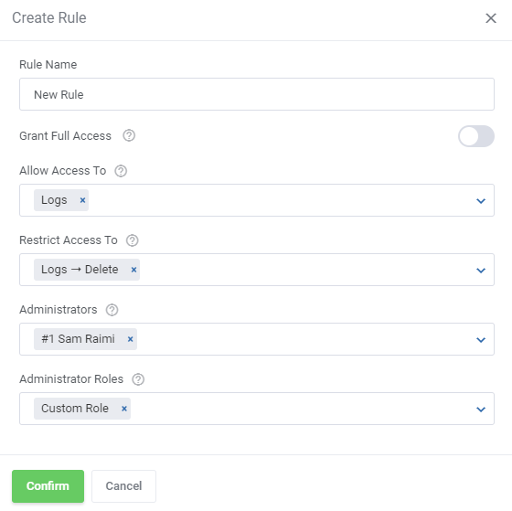 Access Control Tool: Create Rule form with Logs allowed and Logs Delete restricted