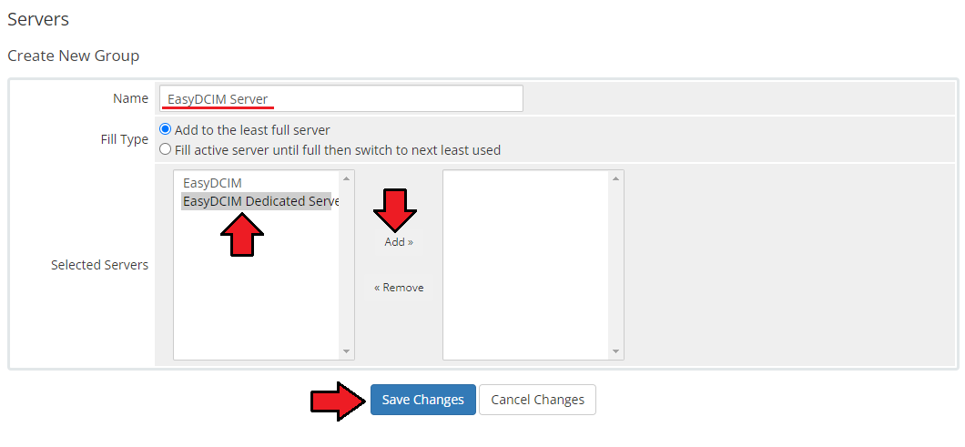 EasyDCIM Dedicated Servers For WHMCS: Create New Group form with the server selected and the Add button
