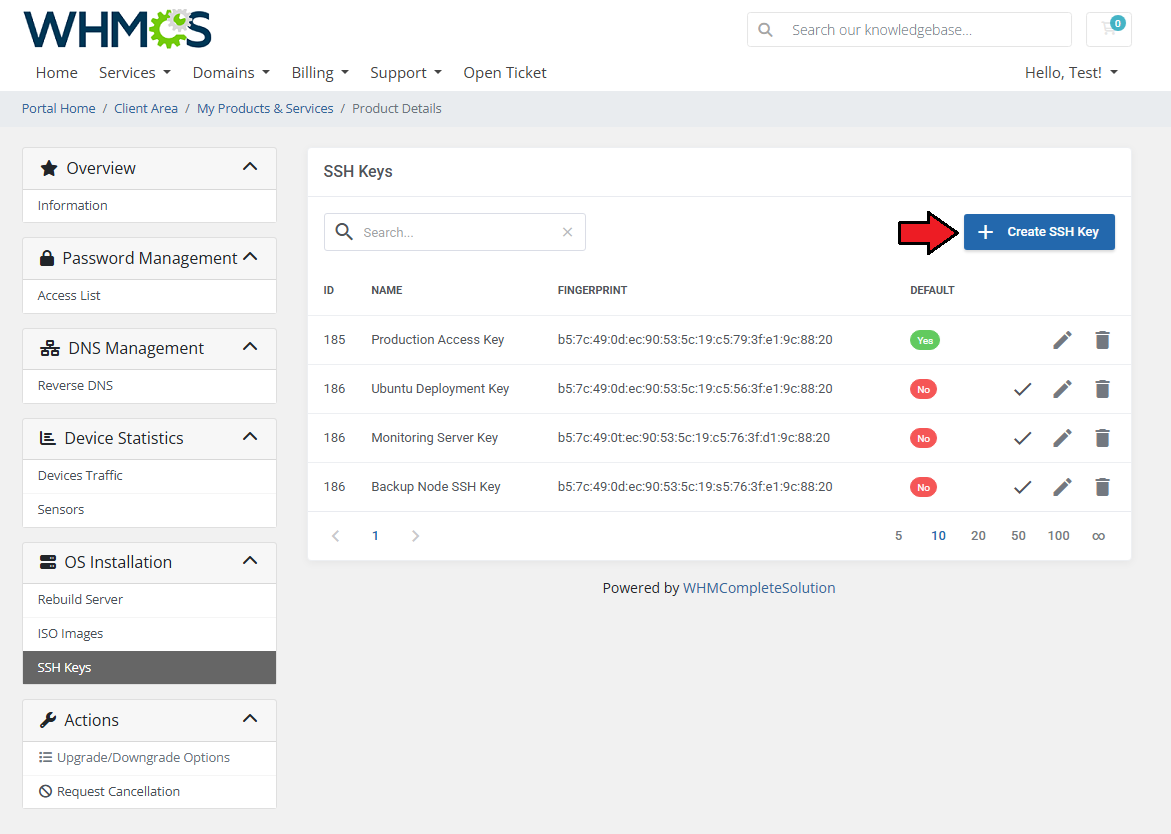 EasyDCIM Dedicated Servers For WHMCS: WHMCS client area SSH Keys list with the Create SSH Key button highlighted by an