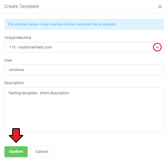 Proxmox VE Cloud VPS For WHMCS: Create Template dialog with virtual machine, user and description fields and Confirm
