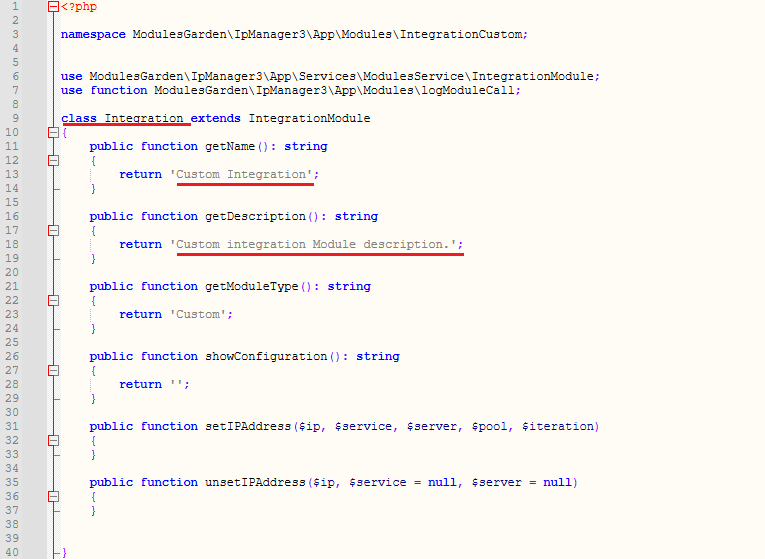 IP Manager For WHMCS: PHP code of a custom integration class with the name and description return values underlined