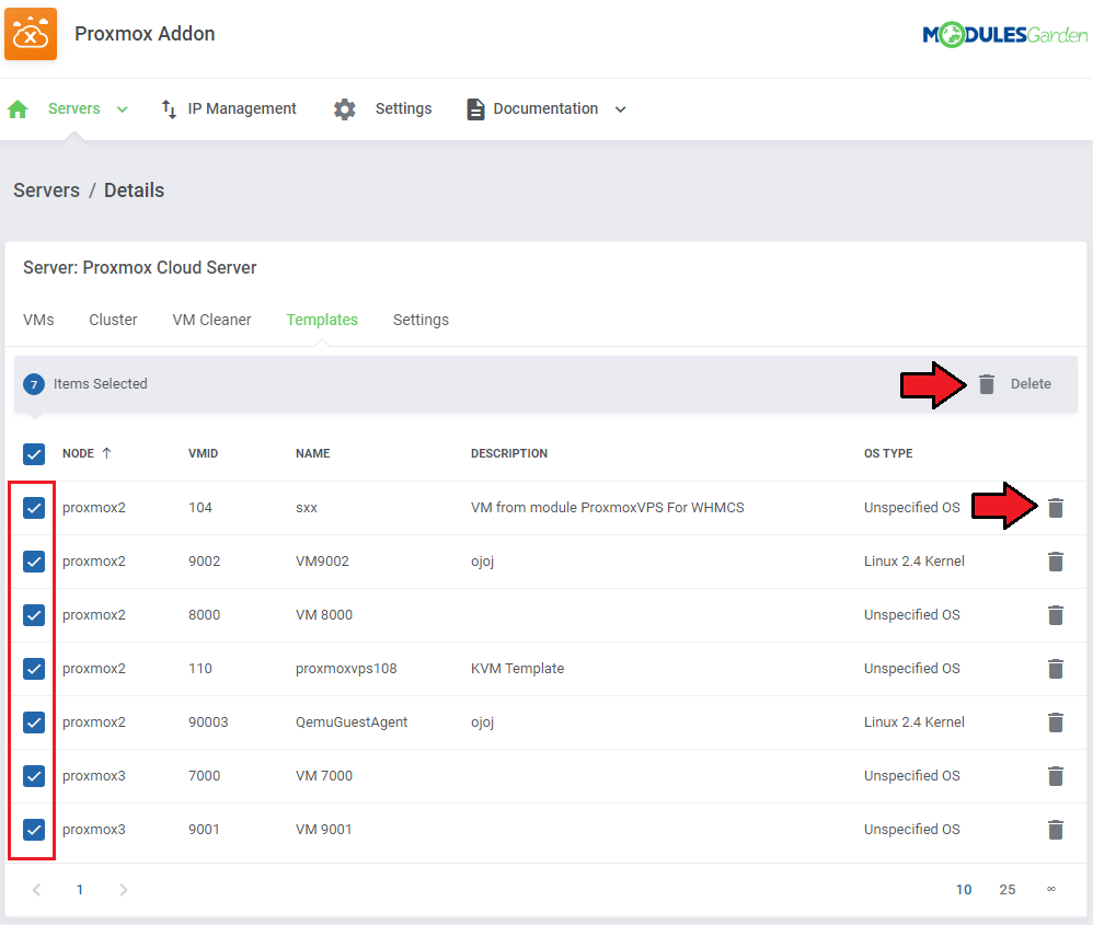 Proxmox VPS 2.X For WHMCS: Proxmox Addon Templates tab with all templates selected and Delete icons highlighted