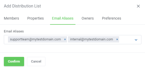 Zimbra Email For WHMCS: Add Distribution List window on the Email Aliases tab with two aliases assigned