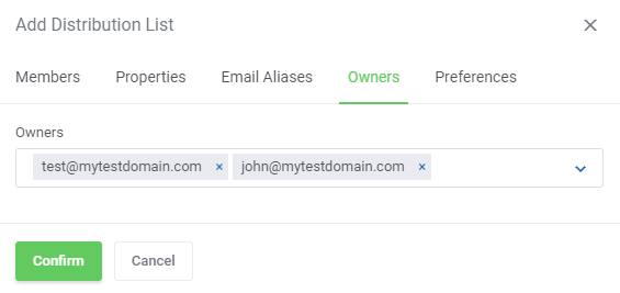 Zimbra Email For WHMCS: Add Distribution List window on the Owners tab with two list owners selected