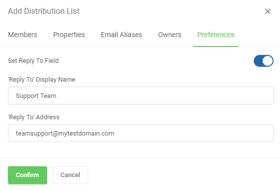 Zimbra Email For WHMCS: Add Distribution List window, Preferences tab with Reply To settings and Confirm