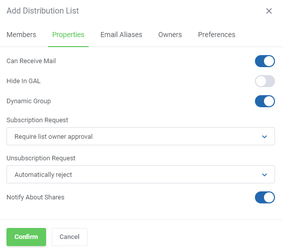Zimbra Email For WHMCS: Add Distribution List window on the Properties tab with the Can Receive Mail switch