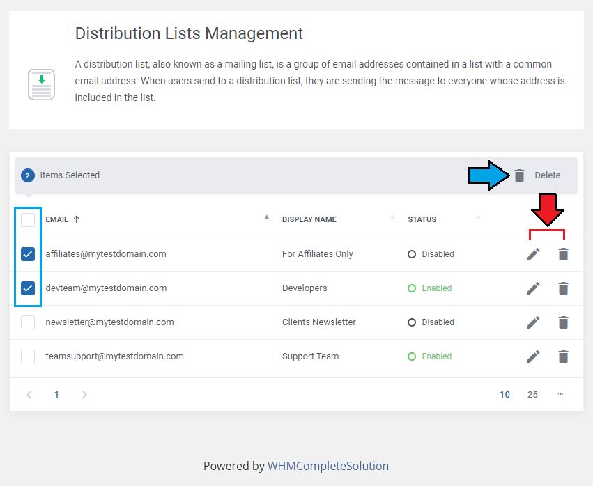 Zimbra Email For WHMCS: Distribution Lists table with two rows selected, Delete action and edit icons