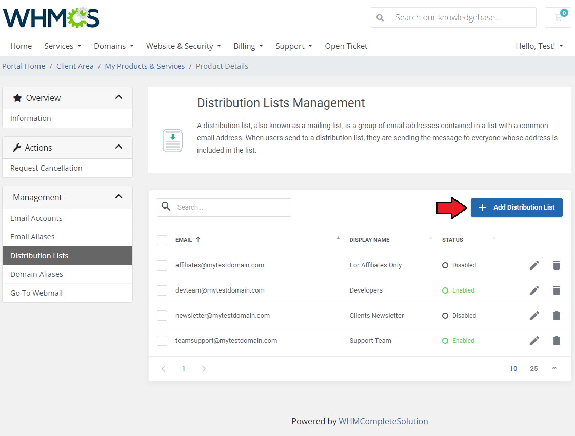 Zimbra Email For WHMCS: client area Distribution Lists Management table with the Add Distribution List button