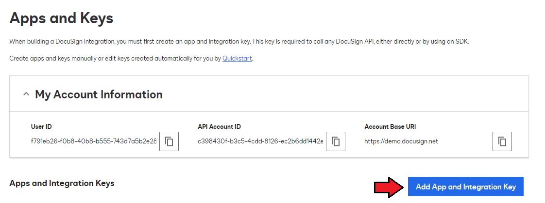 Recurring Contract Billing 1.5.X For WHMCS: DocuSign Apps and Keys page with the Add App and Integration Key button