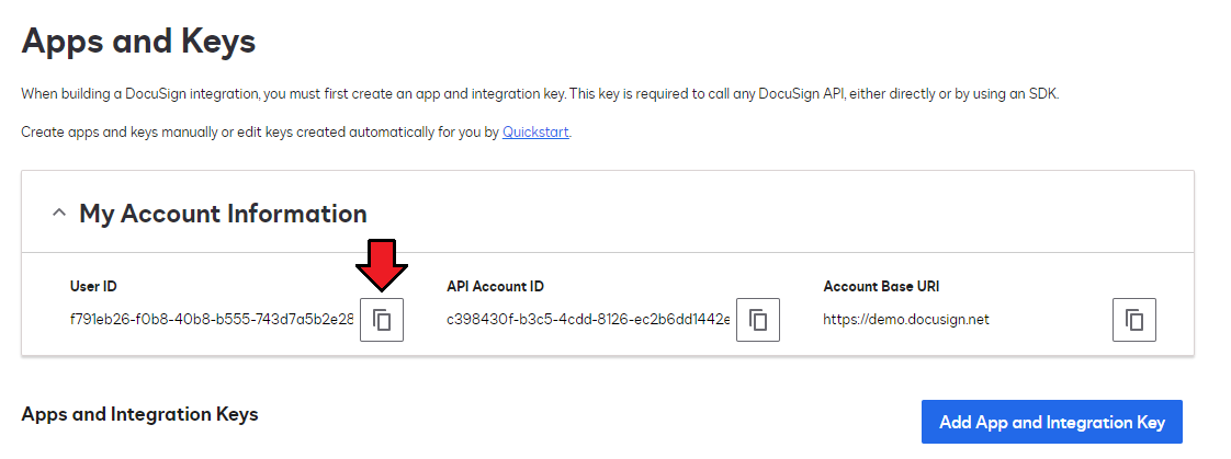Recurring Contract Billing 1.5.X For WHMCS: DocuSign Apps and Keys page with the copy button next to the User ID