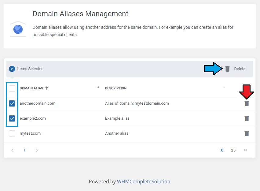 Zimbra Email For WHMCS: Domain Aliases list with two rows selected, Delete action and delete icon