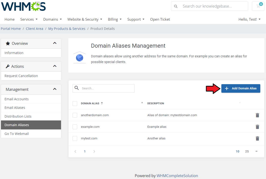 Zimbra Email For WHMCS: client area Domain Aliases Management list with the Add Domain Alias button