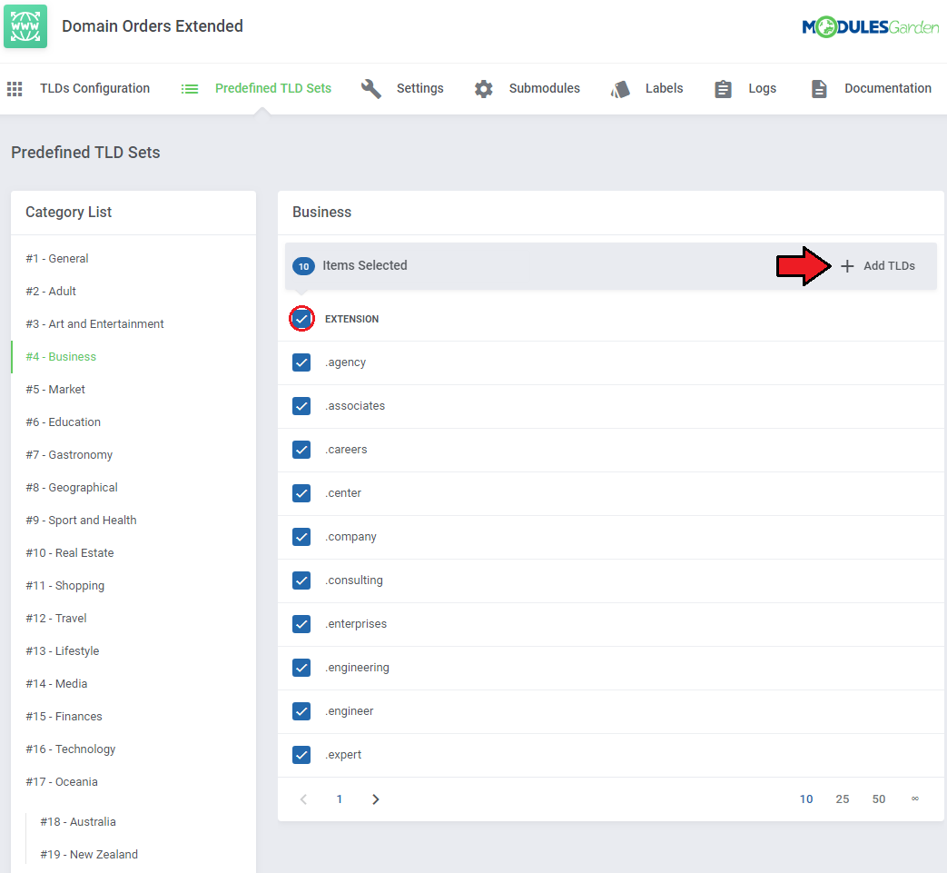 Domains Reseller 1 X For WHMCS: Domain Orders Extended Predefined TLD Sets page with business TLDs selected and Add TLDs