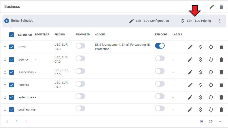Domains Reseller 1 X For WHMCS: Domain Orders Extended TLDs Configuration group with TLDs selected and Edit TLDs Pricing