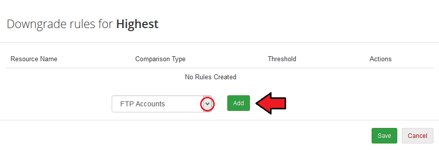 Advanced Billing 3.X For WHMCS: Downgrade rules dialog for Highest with the resource dropdown and Add button