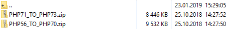 Rackspace Email Extended For WHMCS: file manager listing two packages, one for PHP 5.6 to 7.0 and one for PHP 7.1 to 7.3