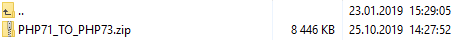 Proxmox VPS 2.X For WHMCS: downloaded archive PHP71_TO_PHP73.zip shown in a file list