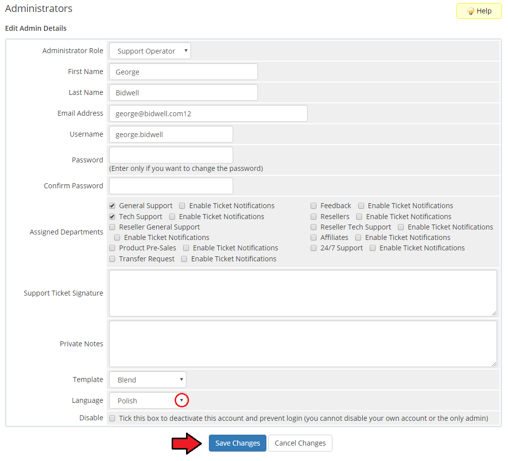 Polska Wersja Jezykowa WHMCS: WHMCS Edit Admin Details form with Polish in the Language field and Save Changes