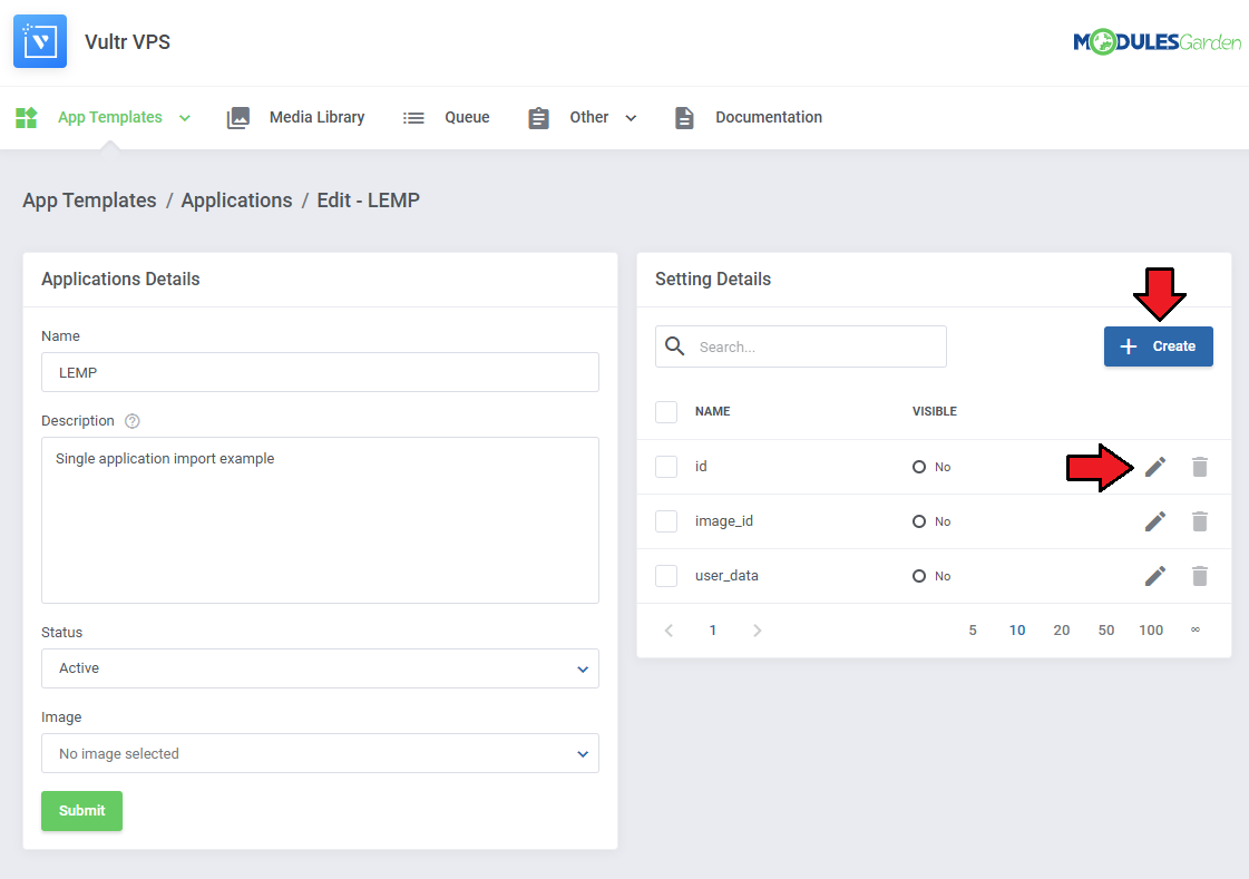 Vultr VPS For WHMCS: Edit application page with the Setting Details table, the Create button and edit icon highlighted