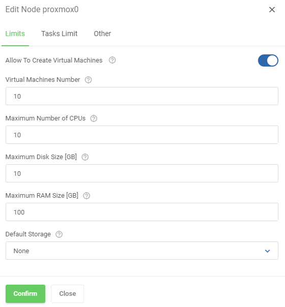 Proxmox VE Cloud VPS For WHMCS: Edit Node dialog with Limits tab, VM number, CPU, disk and RAM limits and default