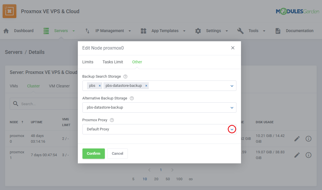 Proxmox VE VPS And Cloud For WHMCS: Edit Node window, Other tab, with the Proxmox Proxy dropdown set to Default Proxy