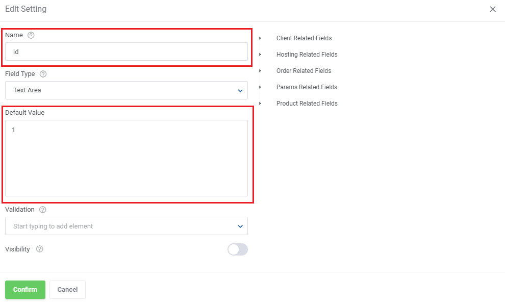 Vultr VPS For WHMCS: Edit Setting dialog with the Name and Default Value fields highlighted for the id parameter