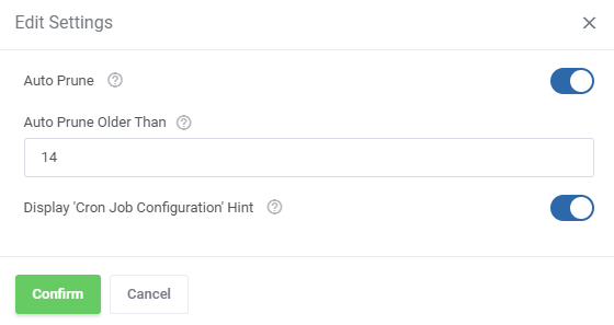 Vultr VPS For WHMCS: Edit Settings dialog with Auto Prune, Auto Prune Older Than days and the Cron Job Configuration