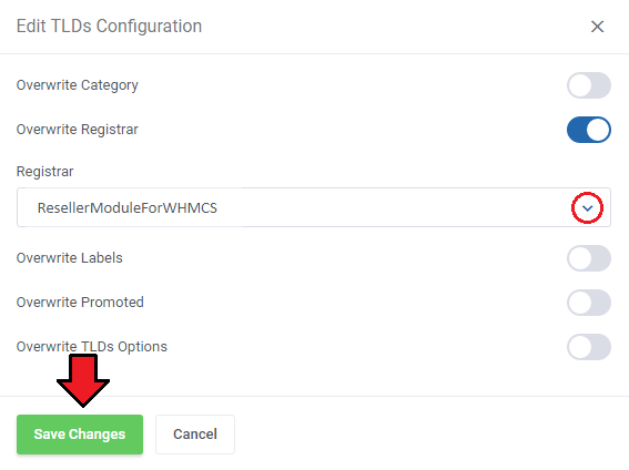Domains Reseller 1 X For WHMCS: Edit TLDs Configuration dialog with Overwrite Registrar enabled and a registrar selected