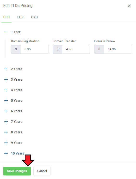 Domains Reseller 1 X For WHMCS: Edit TLDs Pricing dialog with registration, transfer and renew prices in USD