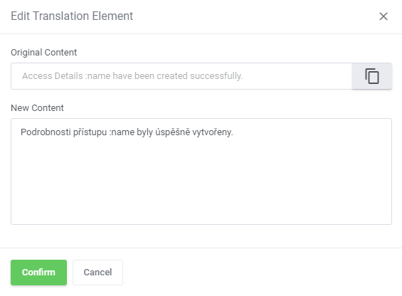 Translations Tool: Edit Translation Element modal with the original content and the new Czech content field