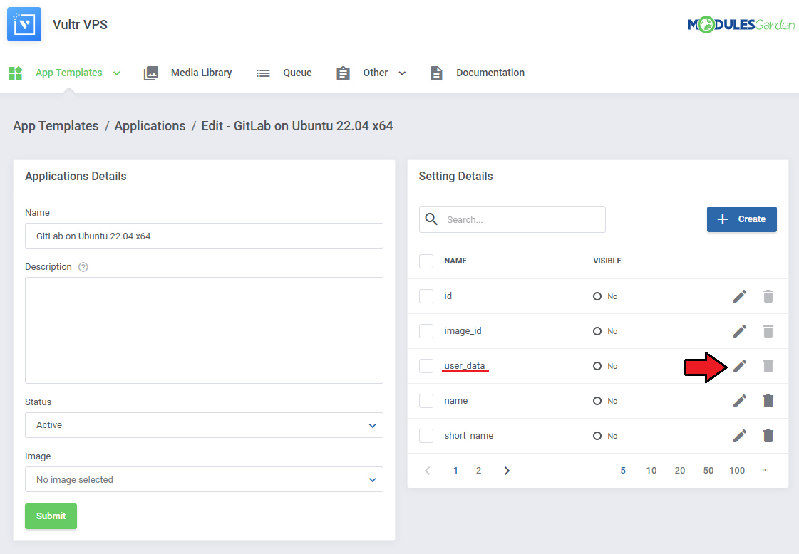 Vultr VPS For WHMCS: Edit application page for GitLab with the edit icon next to the user_data setting highlighted