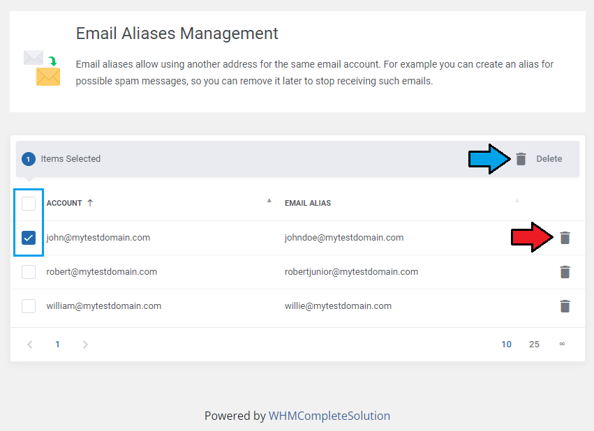 Zimbra Email For WHMCS: client area Email Aliases list with a selected alias, Delete mass action and delete icon