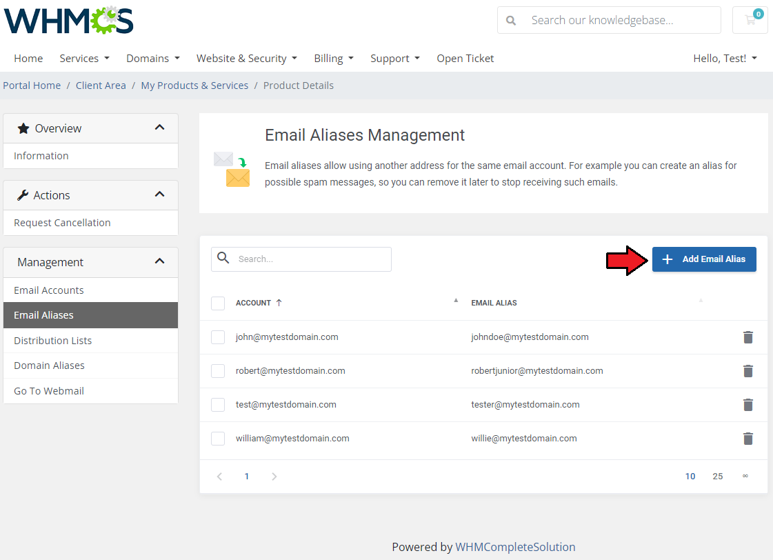 Zimbra Email For WHMCS: client area Email Aliases Management list with the Add Email Alias button