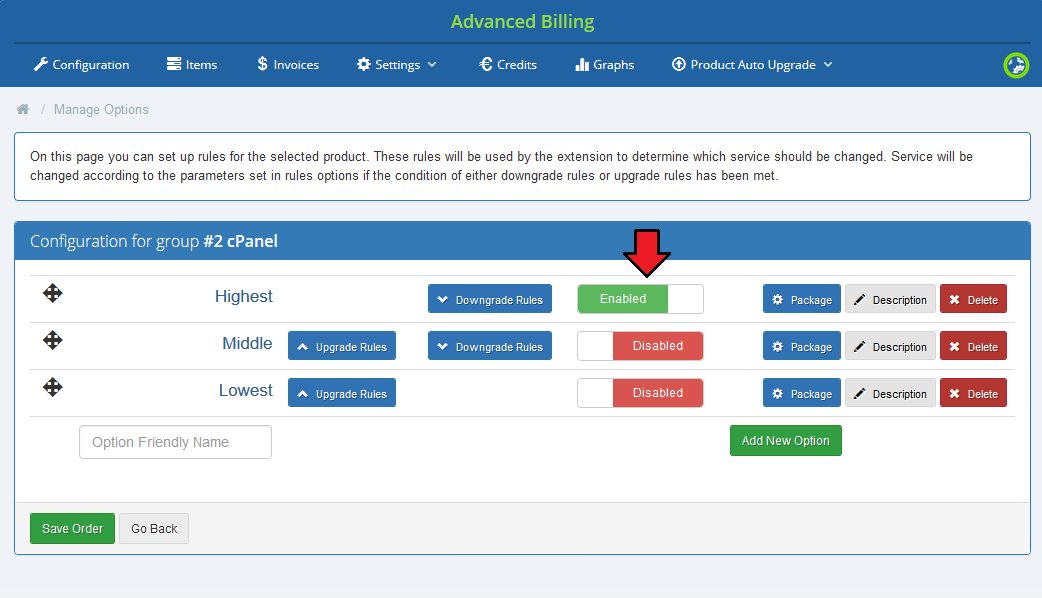 Advanced Billing 3.X For WHMCS: Manage Options page with the Highest option switched to Enabled
