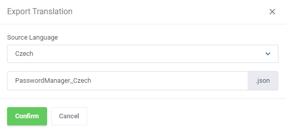 Translations Tool: Export Translation modal with the source language dropdown and the .json file name field