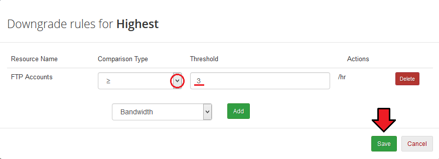 Advanced Billing 3.X For WHMCS: FTP Accounts downgrade rule with the greater or equal comparison and threshold 3