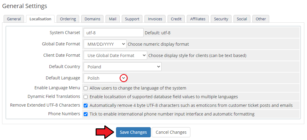 Polska Wersja Jezykowa WHMCS: WHMCS General Settings Localisation tab with Polish set as the Default Language
