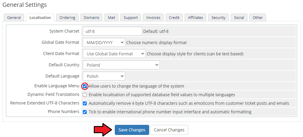 Polska Wersja Jezykowa WHMCS: WHMCS General Settings Localisation tab with the Enable Language Menu option ticked