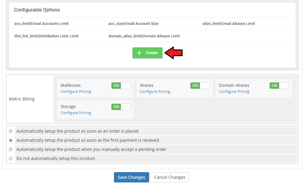 Zimbra Email For WHMCS: Module Settings Configurable Options section with the Create button, metric billing