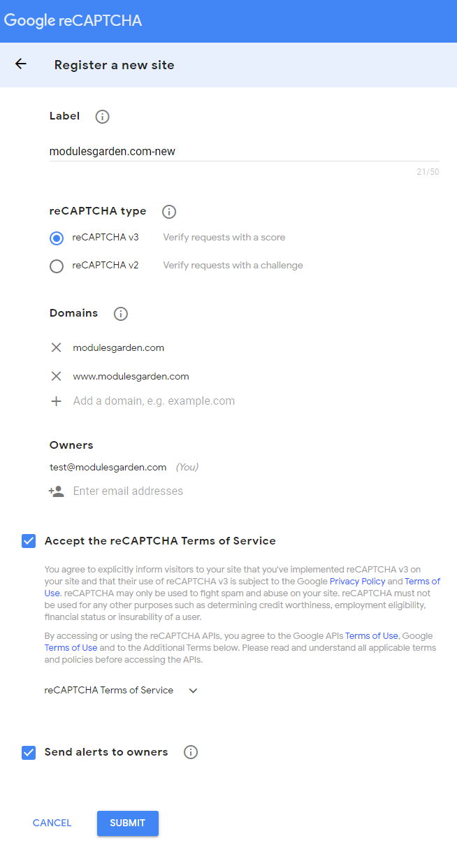 Multibrand For WHMCS: Google reCAPTCHA Register a new site form with label, type, domains and Submit button