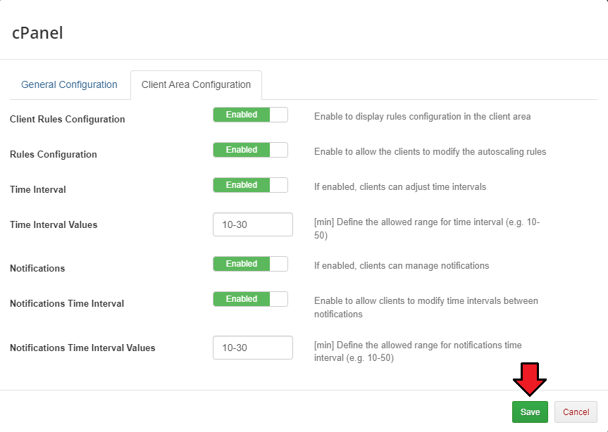 Advanced Billing 3.X For WHMCS: Group settings modal with the Client Area Configuration tab switches and interval values