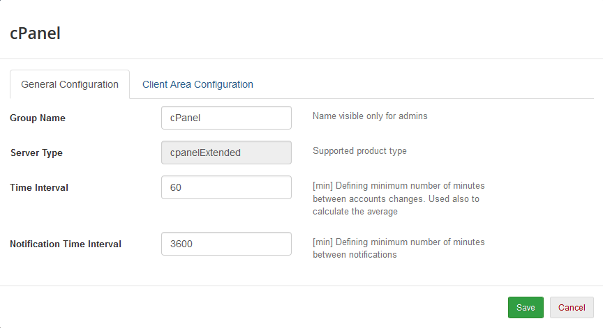 Advanced Billing 3.X For WHMCS: Group settings modal with the General Configuration tab and time interval fields