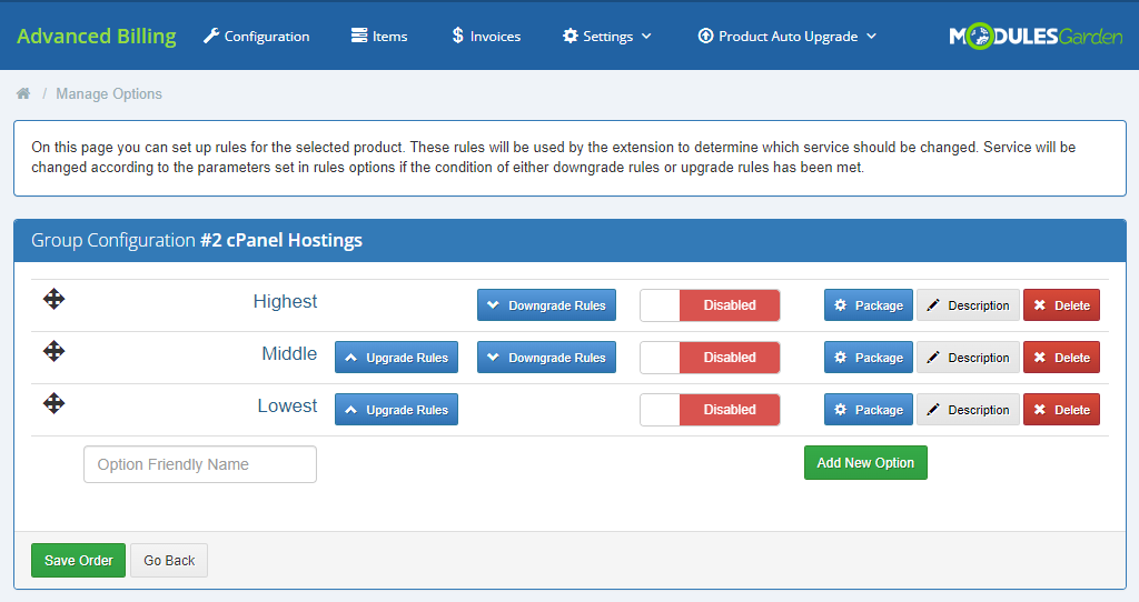 Advanced Billing 3.X For WHMCS: Manage Options page for the group with Highest, Middle and Lowest options and rule